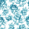 Vintage floral seamless grey-blue monochrome pattern with flowering peonies, on white background. Watercolor hand drawn painting i