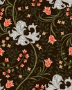 Vintage floral seamless pattern with big futuristic flowers, tulips and foliage on dark background. Vector illustration. Royalty Free Stock Photo