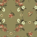 Vintage floral seamless pattern. Blooming dark flowers, Victorian wildflowers