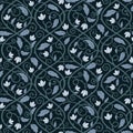 Vintage floral seamless pattern. Dark blue winter repeated vector background illustration. Elegant stylized antique