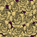 Vintage floral seamless pattern with hand drawn, line art roses Yellow floral background, texture. Abstract trendy roses print. Royalty Free Stock Photo