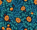 Vintage floral seamless pattern with orange flowers and foliage on dark blue background. Vector illustration. Royalty Free Stock Photo