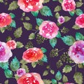 Vintage floral seamless pattern with rose flowers and leaf. Print for textile wallpaper endless. Hand-drawn watercolor Royalty Free Stock Photo