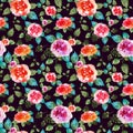 Vintage floral seamless pattern with rose flowers and leaf. Print for textile wallpaper endless. Hand-drawn watercolor Royalty Free Stock Photo