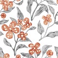 Vintage floral seamless pattern for textiles. Orange isolated flower buds with dark leaves on a white background. Elegant bohemian Royalty Free Stock Photo
