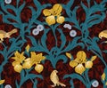 Vintage floral seamless pattern with yellow iris and birds on burgundy background. Vector illustration.