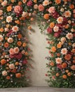 Vintage floral wall backdrop, lush artificial flowers , studio, flowers, prop Royalty Free Stock Photo