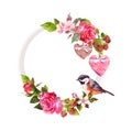 Vintage floral wreath for wedding card, Valentine design. Flowers, roses, berries, vintage hearts and bird. Watercolor