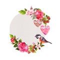 Vintage floral wreath for wedding card, Valentine design. Flowers, roses, berries, vintage hearts and bird. Watercolor