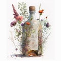 Vintage Florals: Watercolor Illustration of Wildflowers in Whiskey Bottle Vases AI Generted Royalty Free Stock Photo
