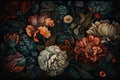 Vintage flower bouquet with peony on dark background. Luxury floral wallpaper in vintage retro style