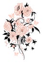 Vintage flower bouquet tattoo style. Vector drawing. Peony, rose, leaves and butterfly sketch. Royalty Free Stock Photo