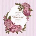 Vintage flower cards with lilac and pink peonies. Romantic background. Vector illustration. Beautiful retro design for wedding Royalty Free Stock Photo