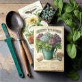 Vintage Flower Seed Packets and Plants Royalty Free Stock Photo
