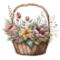 Vintage flower watercolor spring concept. Vintage flowers basket with spring flowers and leaves.