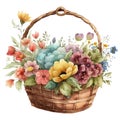 Vintage flower watercolor spring concept. Vintage flowers basket with spring flowers and leaves.