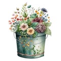 Vintage flower watercolor spring concept. Vintage flowers bucket with spring flowers and leaves.