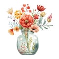 Vintage flower watercolor spring concept. Vintage flowers vase with spring flowers and leaves.