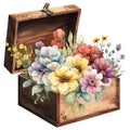 Vintage flower watercolor spring concept. Vintage flowers wooden box with spring flowers and leaves.