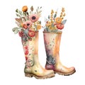 Vintage flower watercolor spring concept. Vintage flowers boots with spring flowers and leaves.