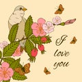 Vintage Flowers Background With Bird