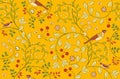 Vintage seamless fabric pattern with flowers and birds on orange background. Middle ages William Morris style. Vector