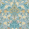 Vintage flowers and foliage seamless pattern on light blue background. Color vector illustration. Royalty Free Stock Photo