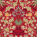 Vintage flowers and foliage seamless pattern on red background. Color vector illustration. Royalty Free Stock Photo