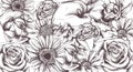 Vintage Flowers Pattern Vector Line Art. Roses And Sunflower Detailed Textures
