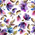 Seamless floral background. Purple flowers pattern. Transparent floral petals. Textile pattern template.