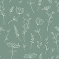 Vintage flowers teal seamless pattern. Beautiful hand drawn retro background. Elegant fabric on light background Vector surface