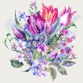 Vintage Flowers Watercolor Bouquet, Purple Tulips