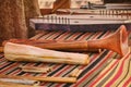 Vintage flutes, horns and wooden pipes on the table. Set of ancient wind musical instruments, lifestyle Royalty Free Stock Photo