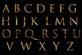 Vintage font yellow gold metallic alphabet letters word text series symbol sign on black background, concept of golden luxury alph Royalty Free Stock Photo