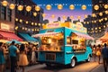 food truck, embellished with inviting strings of warm fairy lights, stand