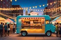 food truck, embellished with inviting strings of warm fairy lights, stand