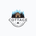 Vintage forest cottage logo vector illustration design. Simple wood cabin rentals logo concept. Mountain vacation house on the