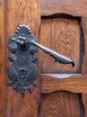 Metal door handle on a wooden door closeup Royalty Free Stock Photo