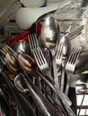 Vintage forks and spoons in a pile in the kitchen Royalty Free Stock Photo