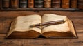 Vintage fountain pen resting on an open antique book on a wooden table. Royalty Free Stock Photo