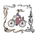 Vintage frame, border with woman on retro bicycle. Vector illustration