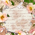 Vintage frame, retro design, Old paper, roses flowers, notes, watercolor feathers, keys. Card with empty space for your