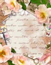 Vintage frame, retro design, Old paper, roses flowers, notes, watercolor feathers, keys. Card with empty space for your