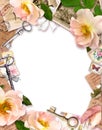 Vintage frame, retro design, Old paper, roses flowers, notes, watercolor feathers, keys. Card with empty space for your