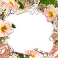 Vintage frame, retro design, Old paper, roses flowers, notes, watercolor feathers, keys. Card with empty space for your