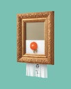 Vintage frame with a Self-destructive picture of a smiling girl holding a balloon, made of tomato, on a blue background Royalty Free Stock Photo