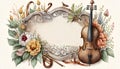 Vintage frame with violin and flowers. Watercolor illustration on white background. Royalty Free Stock Photo