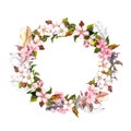 Vintage frame - wreath in boho style. Feathers and spring flowers (cherry, apple flower blossom). Watercolor Royalty Free Stock Photo