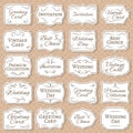 Vintage frames with floral ornament. Retro victorian wedding labels. Antique vector stickers isolated