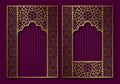 Vintage frames in form of oriental door and window. Brochure, book or greeting card golden cover backdrop design